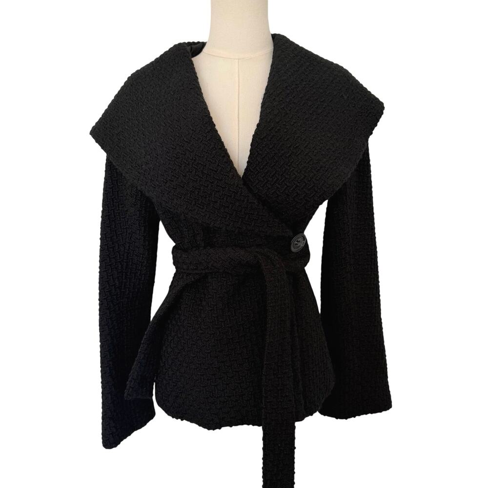 BCBGMAXAZRIA (XS) Black Tweed Hooded Wrap Coat Tie Waist Belted Jacket Y2K